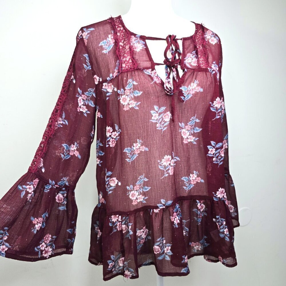 American Eagle Burgundy Floral Mesh Bell Sleeve Boho Peplum Tunic Top